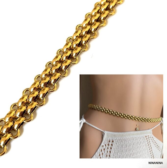 N8339a Chaîne de taille large acier inoxydable doré gros maillons entrelacés - Bijoux de ventre en ligne Ninanina