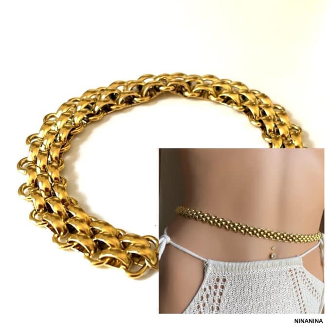 N8339e Chaîne de taille large acier inoxydable doré gros maillons entrelacés - Bijoux de ventre en ligne Ninanina