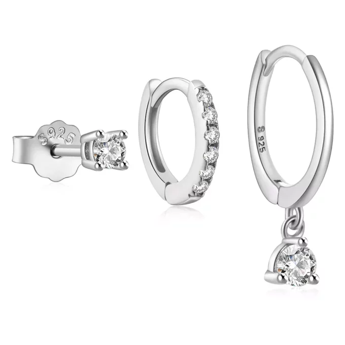 N8371b Assortiment Boucles D'Oreilles Argent 925 et Zirconium 3 trous - Bijoux Boucle d'oreille femme en ligne Ninanina