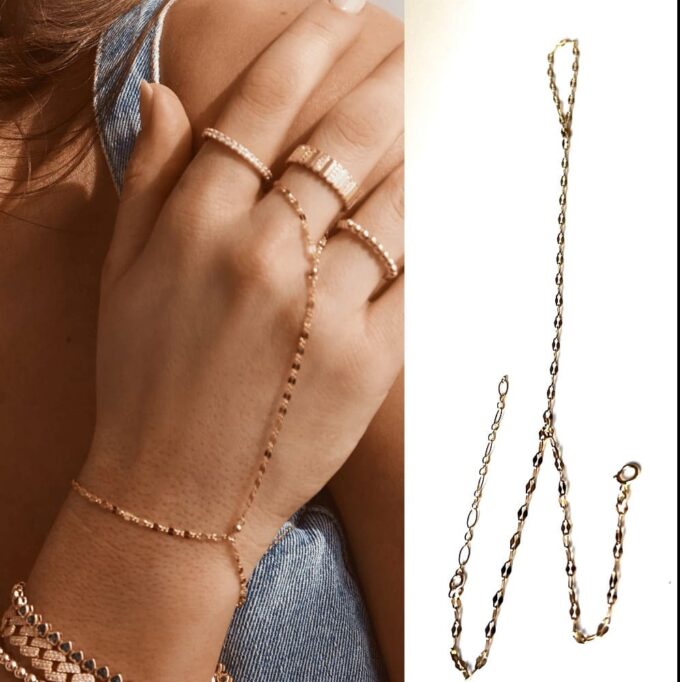 N8255 Chaine Pour Main Minimaliste Femme En Acier Inoxydable Doré Faite Main - Bijoux de mains en ligne Ninanina