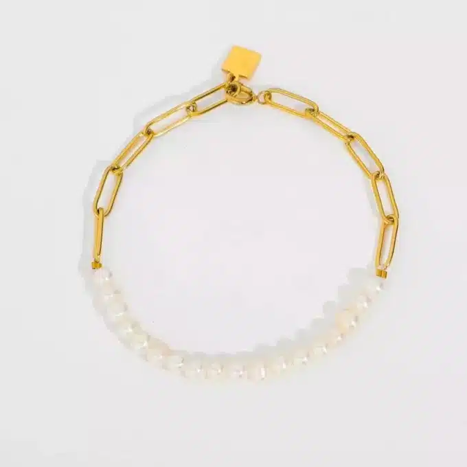 N8326e Bracelet Perle Femme Mi Acier Doré Mi Perles Blanches Naturelles - Bijoux Bracelets femmes en ligne Ninanina