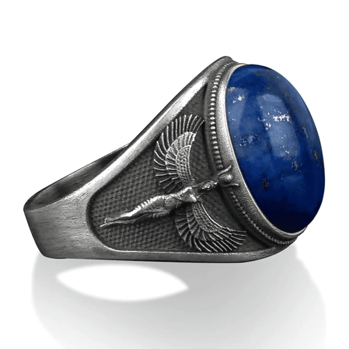 N8382a Bague Bleue Homme Chevalière Acier Lapis Lazuli Archange Gabriel - Bijoux Bagues hommes en ligne Ninanina