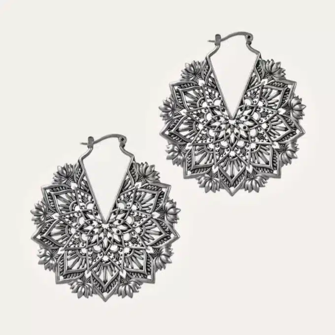 N8383 Boucles D'Oreilles Ethniques Chic Rondes Motif Floral doré ou argenté - Bijoux Boucle d'oreille boheme en ligne Ninanina