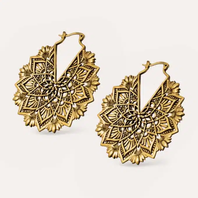 N8383f Boucles D'Oreilles Ethniques Chic Rondes Motif Floral doré ou argenté - Bijoux Boucle d'oreille boheme en ligne Ninanina