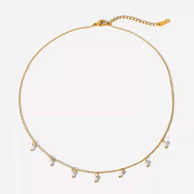 N8399a Collier Femme Perle Blanche Véritable Acier Inoxydable Doré Artisanal - Bijoux Colliers Perles en ligne Ninanina