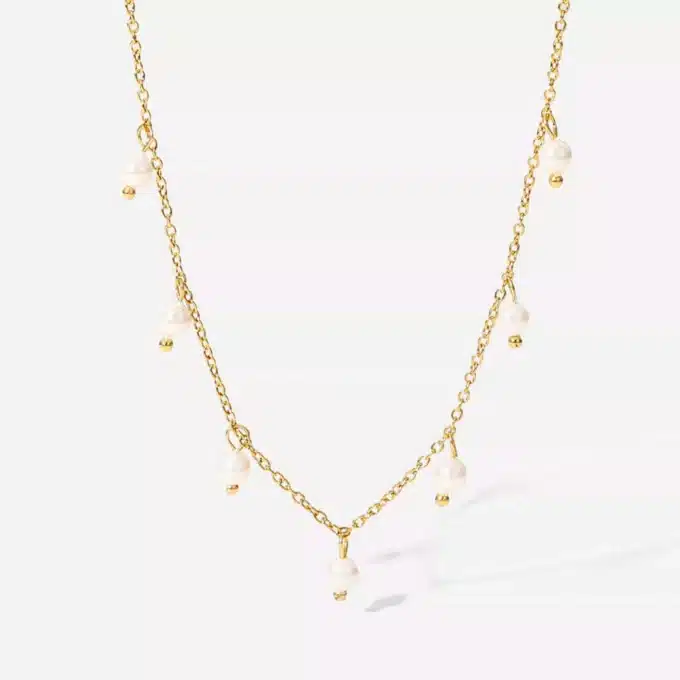 N8399c Collier Femme Perle Blanche Véritable Acier Inoxydable Doré Artisanal - Bijoux Colliers Perles en ligne Ninanina