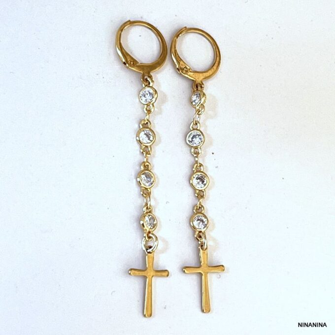 N7605b Boucles D'Oreilles Pendantes Croix Acier Doré Et Zirconium - Bijoux Boucle d'oreille creoles femmes en ligne Ninanina