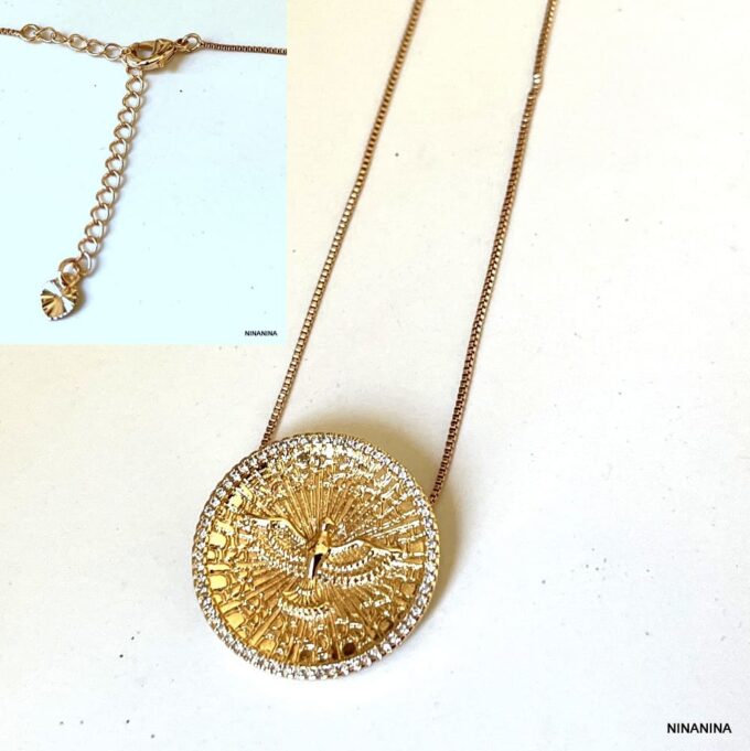 N8427b Pendentif Oiseau Or Femme - Collier Alliage Doré et Zirconium - Bijoux Colliers en ligne Ninanina