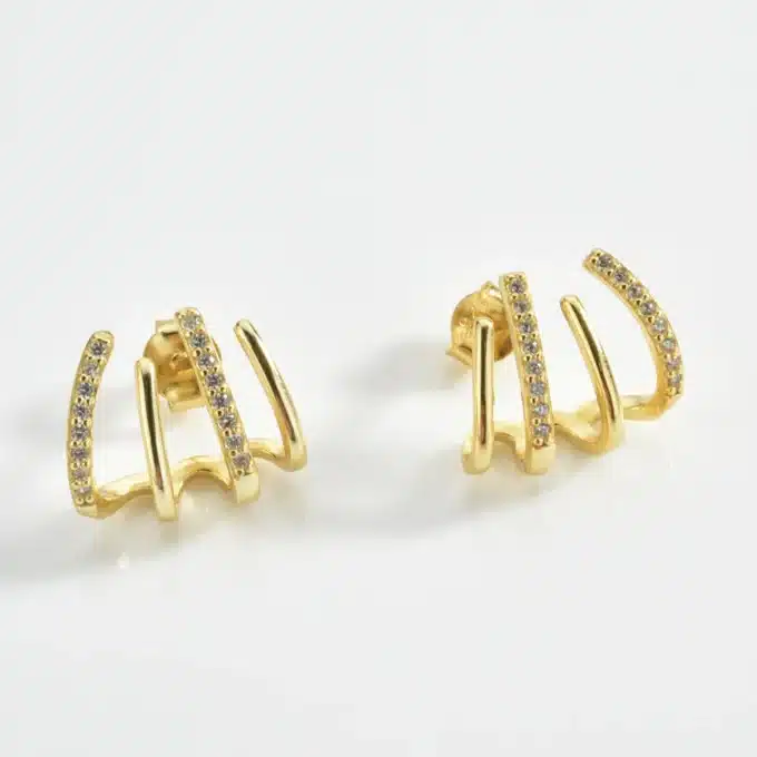 N8444a Boucles D'Oreilles Griffe Argent Plaqué Or Et Zirconium Blanc - Bijoux Boucle d'oreille brillantes en ligne Ninanina