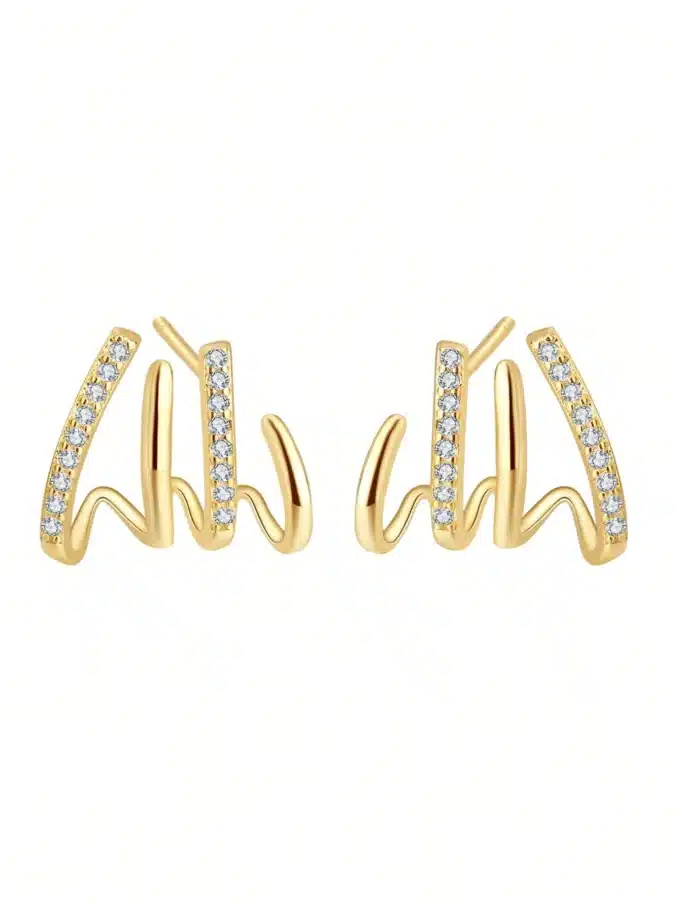 N8444e Boucles D'Oreilles Griffe Argent Plaqué Or Et Zirconium Blanc - Bijoux Boucle d'oreille brillantes en ligne Ninanina