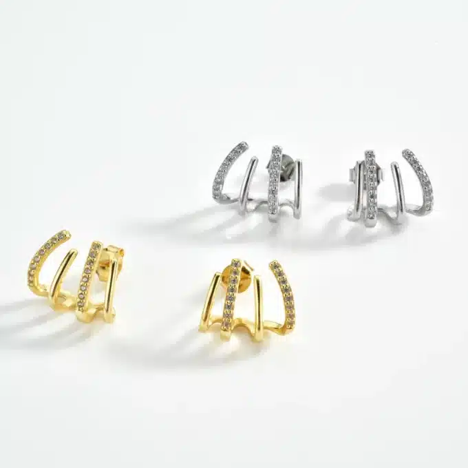 N8444f Boucles D'Oreilles Griffe Argent Plaqué Or Et Zirconium Blanc - Bijoux Boucle d'oreille brillantes en ligne Ninanina