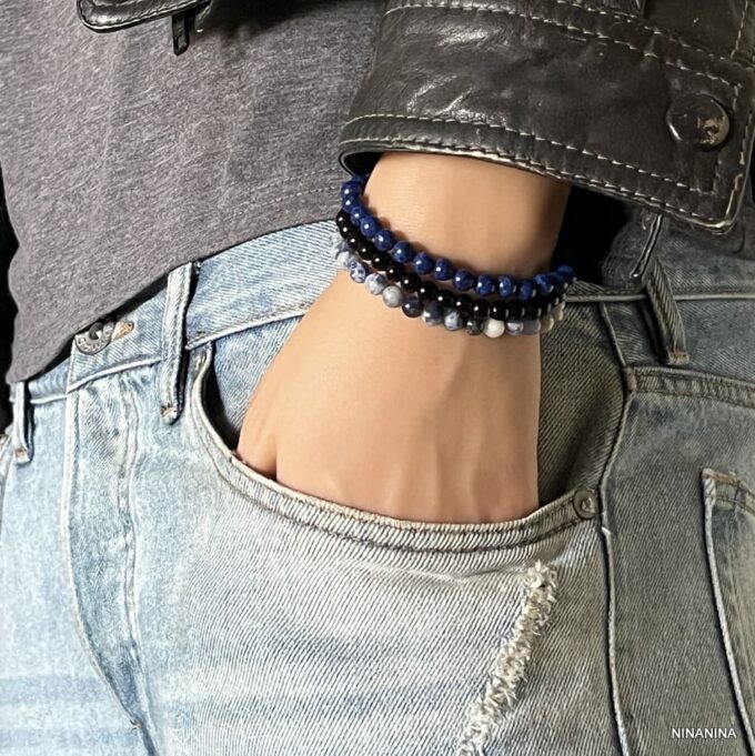 N8456e Trio Bracelets Elastique Pierre Naturelle Bleu Lapis Lazuli Et Sodalite 7mm - Bijoux Bracelets pierres naturelles Ninanina