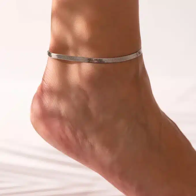 N8472c Bracelet De Cheville Acier Inoxydable Argent Maille Serpentine Plate - Bijoux de pied femme en ligne Ninanina