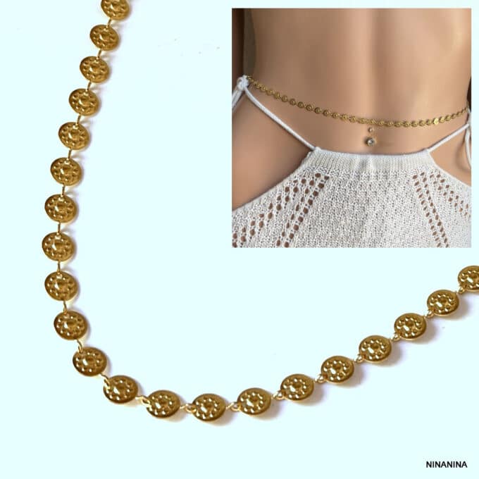 N8477f Chaîne De Ventre Or En Acier Inoxydable Doré Avec Disques Gravés De Fleurs - Bijoux de corps dorés en ligne Ninanina