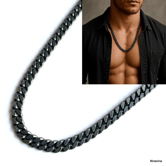 N8474c Chaîne Homme Gourmette Large Acier Inoxydable Gris Foncé Noir Vieilli 10mm - Bijoux Colliers hommes en ligne Ninanina