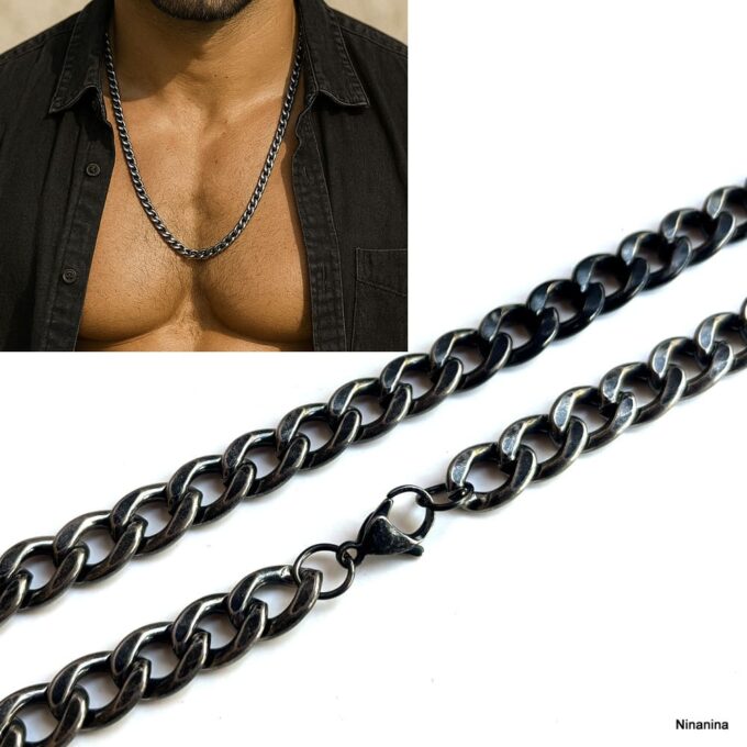 N8476d Chaîne homme acier inoxydable noir vieilli – Collier gourmette maillons larges robustes et tendance - Bijoux Colliers hommes en ligne Ninanina