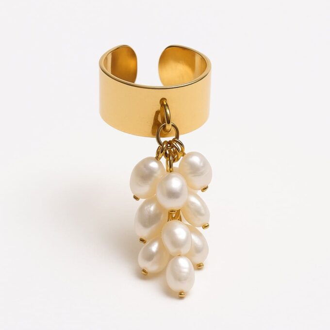 N8441d Bague Perle D'Eau Douce Blanche En Grappe Et Acier Doré Artisanale - Bijoux Bagues perles en ligne Ninanina