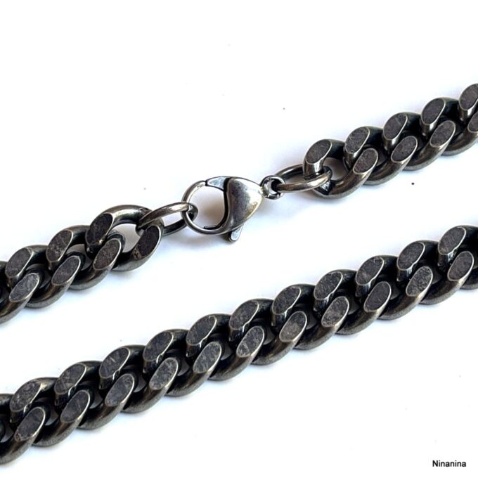 N8451c Collier Acier Homme Grosse Maille Gourmette Noir Vieillie 60cm Large 10mm - Bijoux Colliers hommes en ligne Ninanina