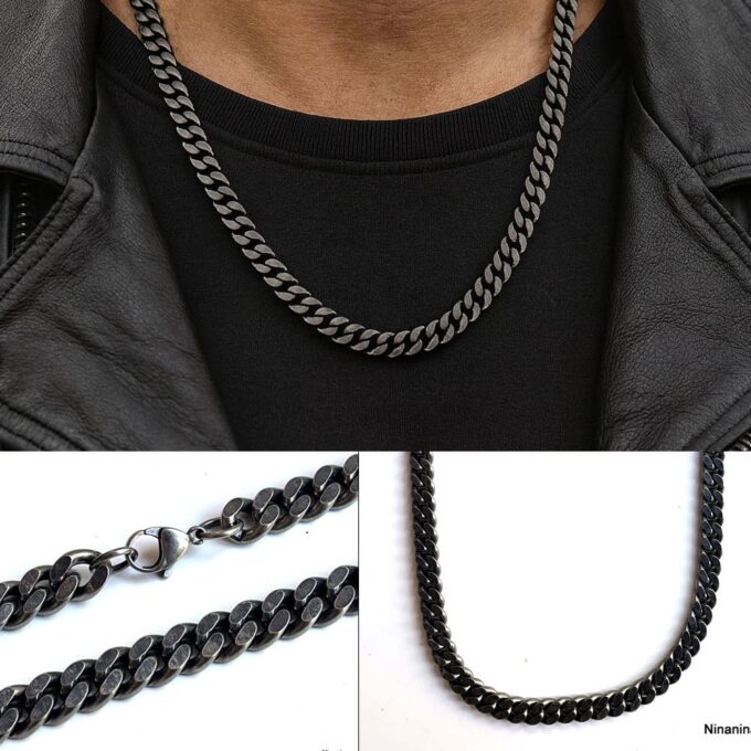N8451e Collier Acier Homme Grosse Maille Gourmette Noir Vieillie 60cm Large 10mm - Bijoux Colliers hommes en ligne Ninanina