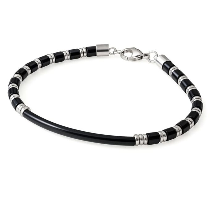 N8420 Bracelet Homme Pierre Howlite Noir Et Perle Demi lune Acier Inoxydable Argenté Artisanal - Bijoux Bracelets en ligne Ninanina