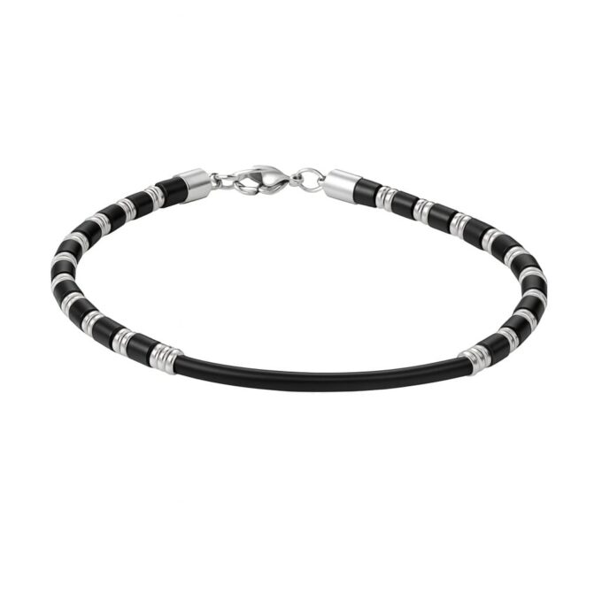 N8420a Bracelet Homme Pierre Howlite Noir Et Perle Demi lune Acier Inoxydable Argenté Artisanal - Bijoux Bracelets en ligne Ninanina