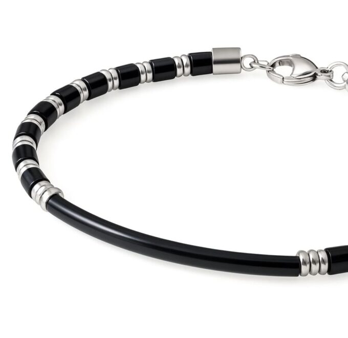N8420b Bracelet Homme Pierre Howlite Noir Et Perle Demi lune Acier Inoxydable Argenté Artisanal - Bijoux Bracelets en ligne Ninanina