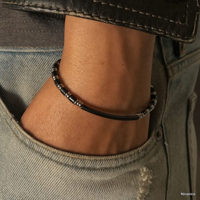 N8420c Bracelet Homme Pierre Howlite Noir Et Perle Demi lune Acier Inoxydable Argenté Artisanal - Bijoux Bracelets en ligne Ninanina