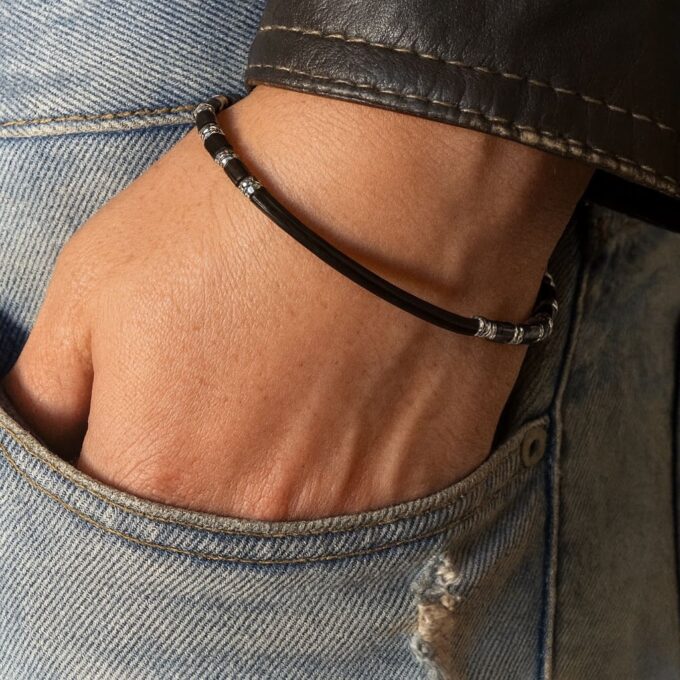 N8420d Bracelet Homme Pierre Howlite Noir Et Perle Demi lune Acier Inoxydable Argenté Artisanal - Bijoux Bracelets en ligne Ninanina