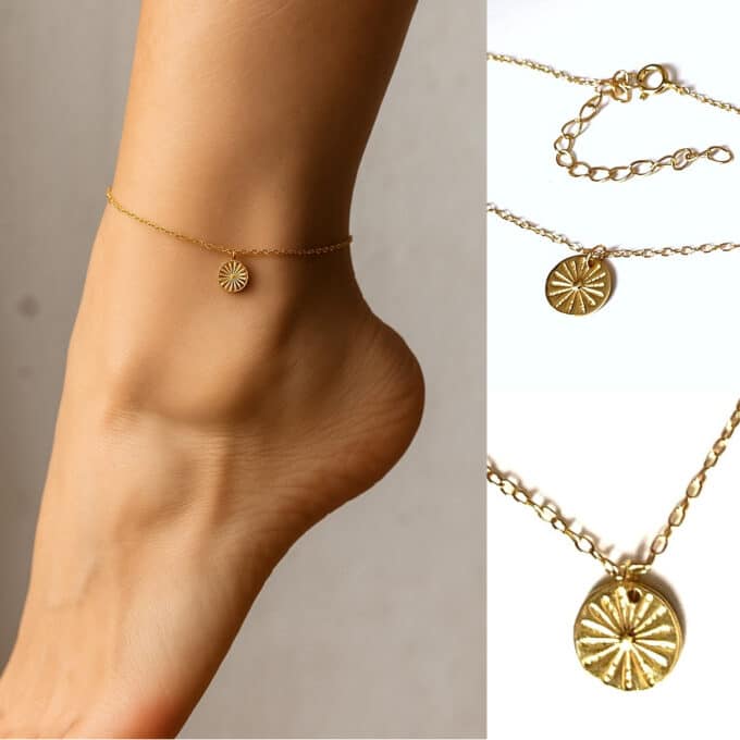 N8513 Chaine de cheville charm soleil or artisanale en argent 925 doré à l'or fin made in france - Bijoux de pieds en ligne Ninanina