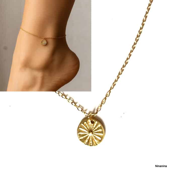N8513d Chaine de cheville charm soleil or artisanale en argent 925 doré à l'or fin made in france - Bijoux de pieds en ligne Ninanina