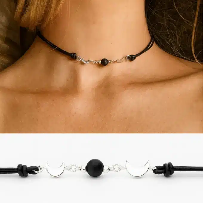 N8530b Ras-de-cou cuir femme artisanal – perle d’onyx noir et croissants de lune en argent 925 - Bijoux Colliers femmes en ligne Ninanina