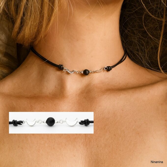 N8530e Ras-de-cou cuir femme artisanal – perle d’onyx noir et croissants de lune en argent 925 - Bijoux Colliers femmes en ligne Ninanina
