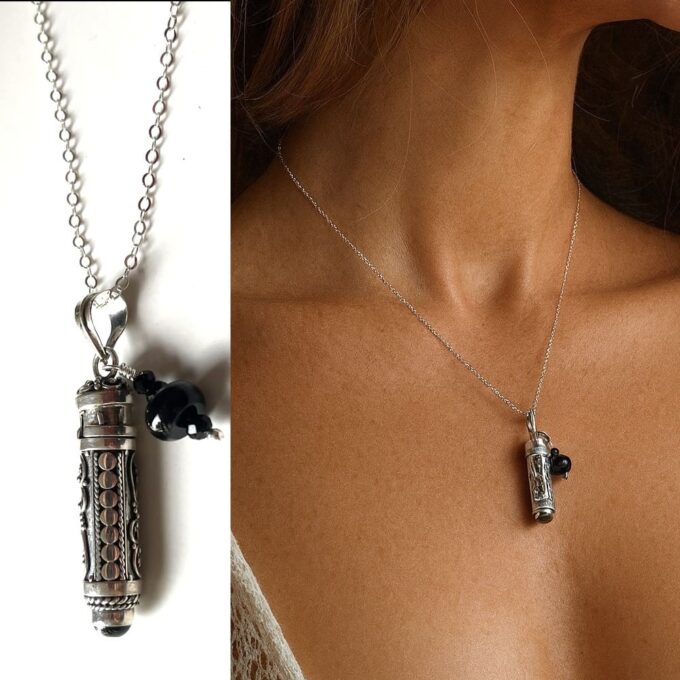 N8531b Pendentif Urne Funéraire Défunt - Collier Artisanal Chaine Argent 925 Et Onyx Noir Véritable - Bijoux funéraires en ligne Ninanina