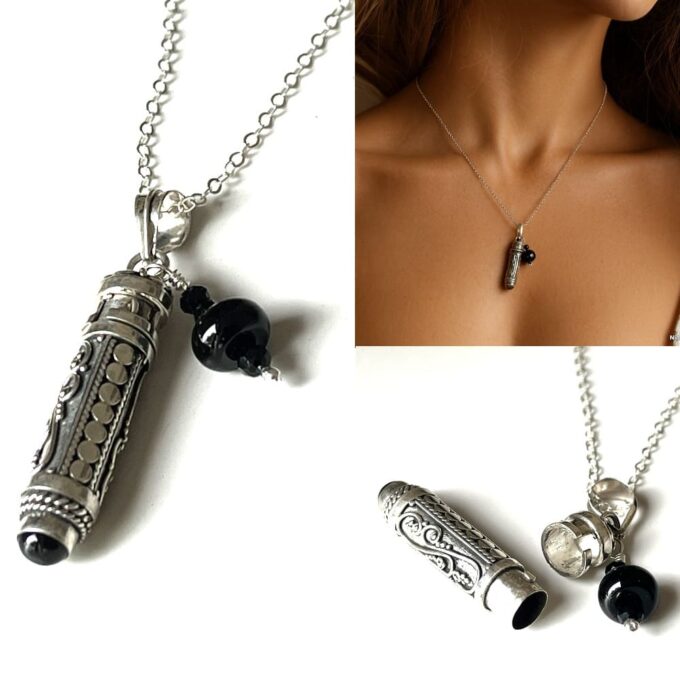 N8531d Pendentif Urne Funéraire Défunt - Collier Artisanal Chaine Argent 925 Et Onyx Noir Véritable - Bijoux funéraires en ligne Ninanina