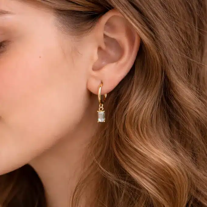 N8500a Mini Créoles Argent Plaqué Or ou Rhodium et Pierre de Zirconium Baguette rectangulaire - Bijoux Boucles d'oreilles en ligne Ninanina