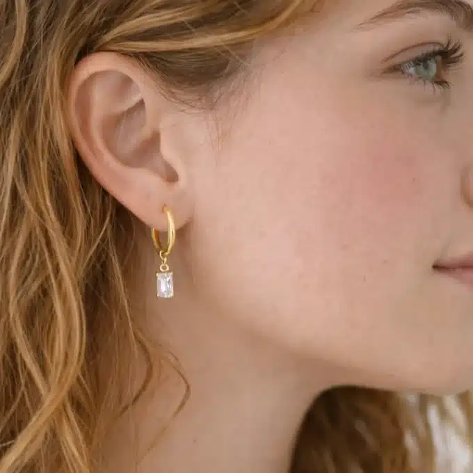 N8500b Mini Créoles Argent Plaqué Or ou Rhodium et Pierre de Zirconium Baguette rectangulaire - Bijoux Boucles d'oreilles en ligne Ninanina