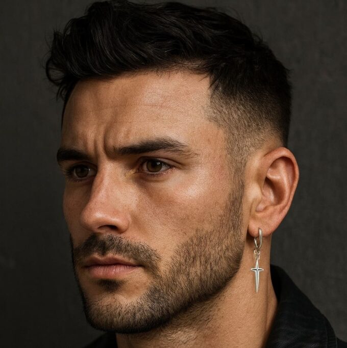 N8539a Boucle d'Oreille Croix Homme Artisanales - Créole Pendentif pointe Argent 925 - Bijoux boucles d'oreilles en ligne Ninanina