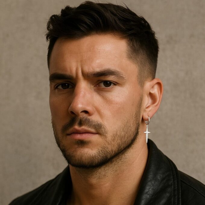 N8539b Boucle d'Oreille Croix Homme Artisanales - Créole Pendentif pointe Argent 925 - Bijoux boucles d'oreilles en ligne Ninanina