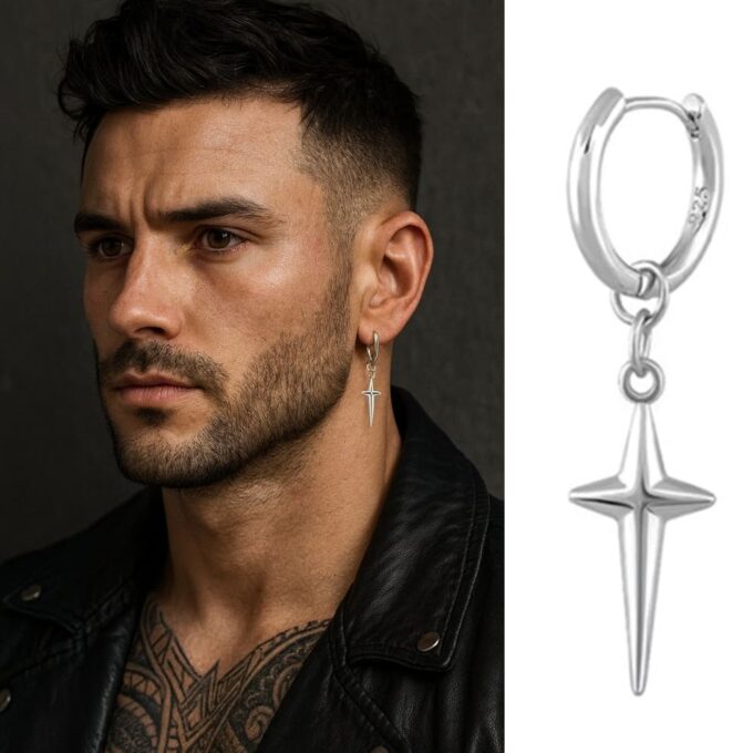 N8539d Boucle d'Oreille Croix Homme Artisanales - Créole Pendentif pointe Argent 925 - Bijoux boucles d'oreilles en ligne Ninanina