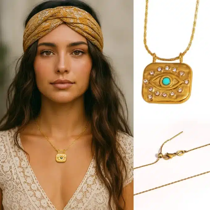 N8547 Collier Oeil Bleu Turquoise Pendentif Carré en Acier Doré – Bijou Protecteur Bohème Chic zirconium - Bijoux Colliers en ligne Ninanina