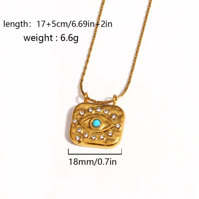N8547b Collier Oeil Bleu Turquoise Pendentif Carré en Acier Doré – Bijou Protecteur Bohème Chic zirconium - Bijoux Colliers en ligne Ninanina