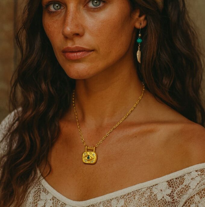 N8547g Collier Oeil Bleu Turquoise Pendentif Carré en Acier Doré – Bijou Protecteur Bohème Chic zirconium - Bijoux Colliers en ligne Ninanina