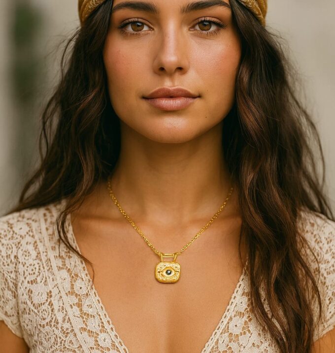 N8547h Collier Oeil Bleu Turquoise Pendentif Carré en Acier Doré – Bijou Protecteur Bohème Chic zirconium - Bijoux Colliers en ligne Ninanina