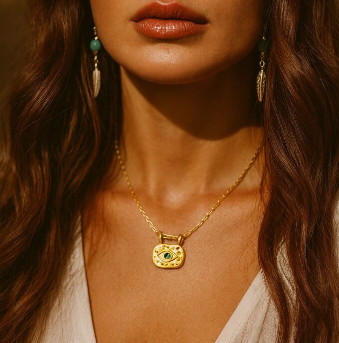N8547i Collier Oeil Bleu Turquoise Pendentif Carré en Acier Doré – Bijou Protecteur Bohème Chic zirconium - Bijoux Colliers en ligne Ninanina