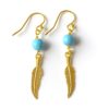 N8548c Boucles D'oreilles Pendantes Plumes Acier Inoxydable Doré et Perle Turquoise Artisanales - Bijoux d'oreille en ligne Ninanina