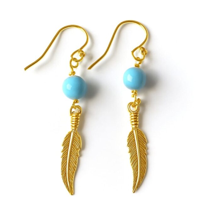 N8548c Boucles D'oreilles Pendantes Plumes Acier Inoxydable Doré et Perle Turquoise Artisanales - Bijoux d'oreille en ligne Ninanina