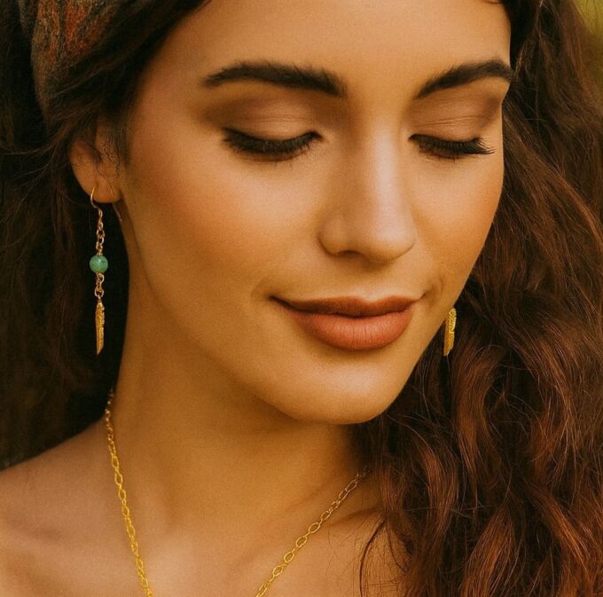 N8548d Boucles D'oreilles Pendantes Plumes Acier Inoxydable Doré et Perle Turquoise Artisanales - Bijoux d'oreille en ligne Ninanina