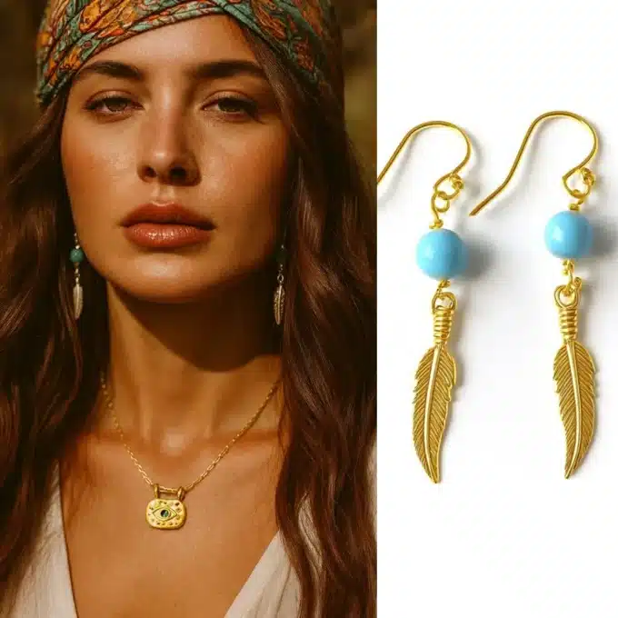 N8548e Boucles D'oreilles Pendantes Plumes Acier Inoxydable Doré et Perle Turquoise Artisanales - Bijoux d'oreille en ligne Ninanina