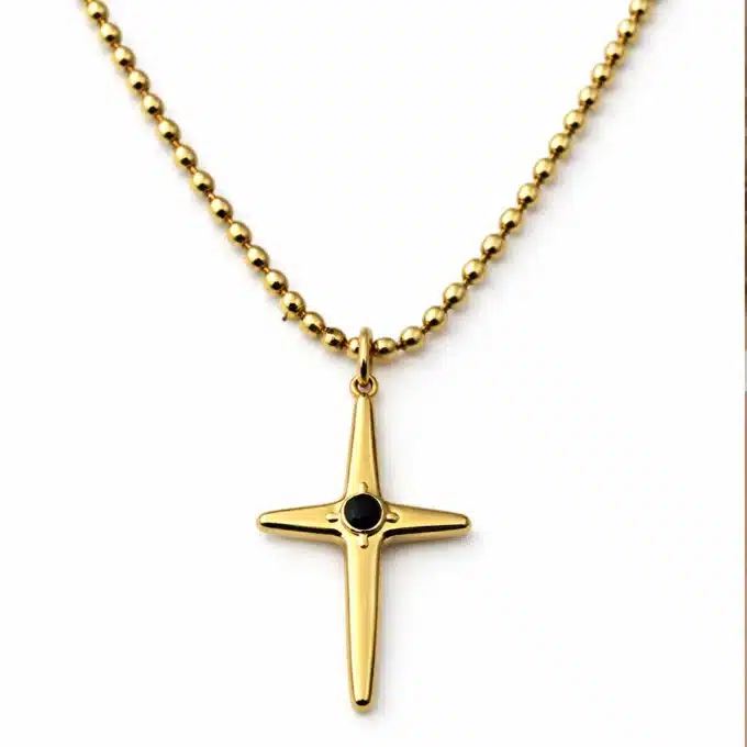 N8546b Collier Croix Chrétienne Femme en Acier Doré - Pendentif Moderne avec Pierre Noire et Chaîne Grain de Riz Élégante - Bijoux Colliers Chrétiens en ligne Ninanina