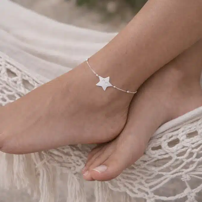 N8565b Chaine De Cheville Etoile Argent 925 Et Chainette Satellite Made In France - Bijoux de pieds femmes en ligne Ninanina